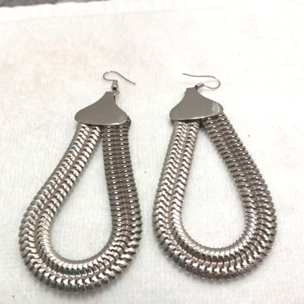 3" long Silver Tone Braided Look Hoop Pierced Earrings